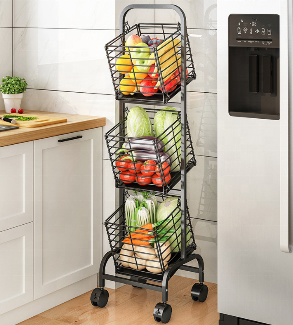 New Arrival Kitchen Storage Rack Fruit And Vegetable Storage Basket 3 Tier Metal Kitchen Storage Basket With Wheels