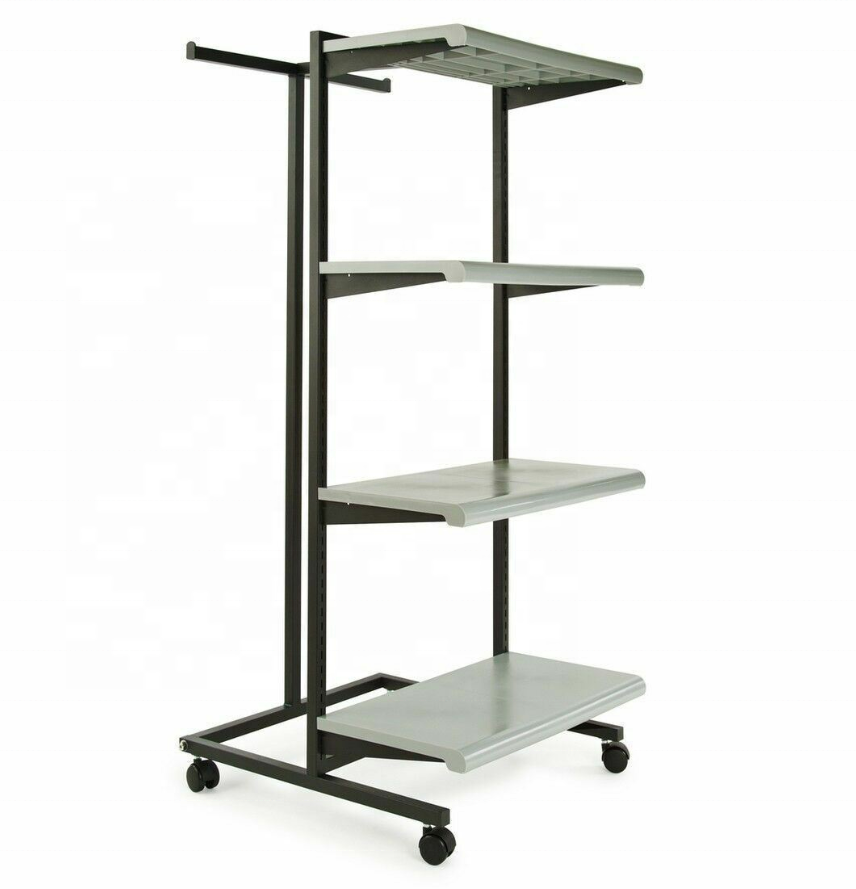 Double Frame Clothing Rack With Shelves And Hang Rails clothes display rack for garment clothing store display rack