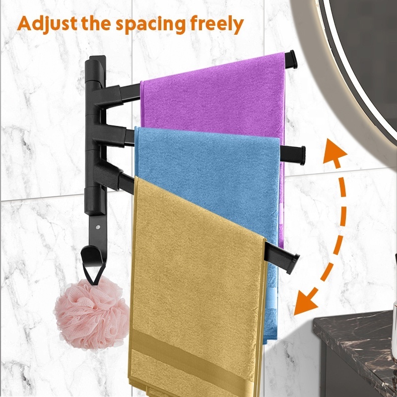 3 Rods Swing Out Bathroom Storage Towel Bar Portable Arms Wall Hanging Towel Racks with Hook