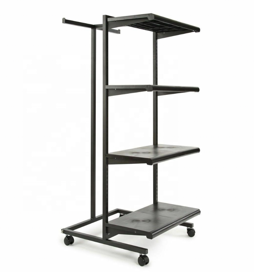 Double Frame Clothing Rack With Shelves And Hang Rails clothes display rack for garment clothing store display rack