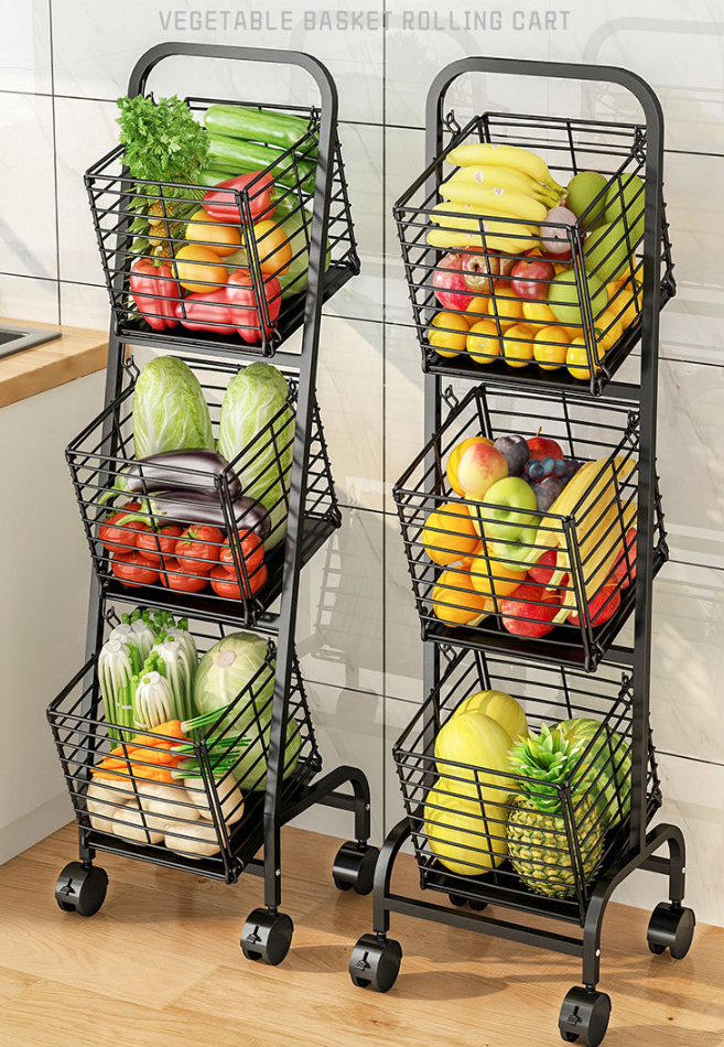 New Arrival Kitchen Storage Rack Fruit And Vegetable Storage Basket 3 Tier Metal Kitchen Storage Basket With Wheels