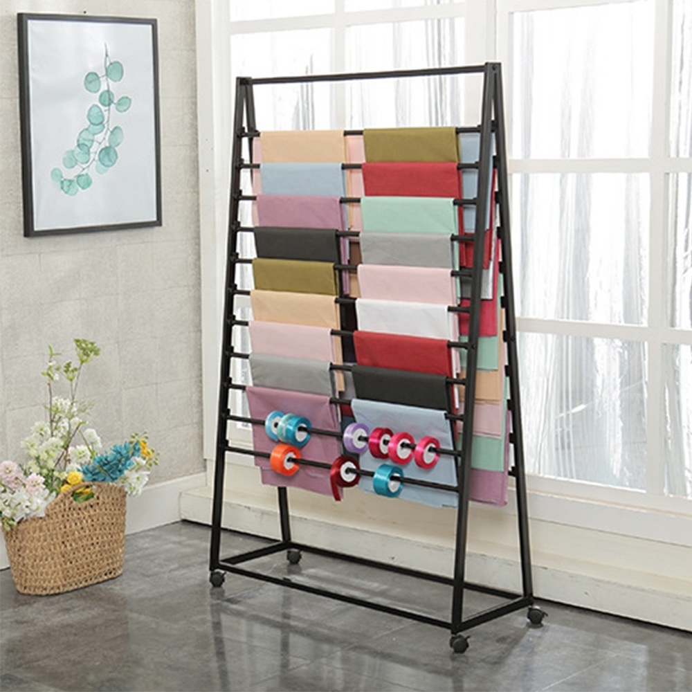 Hot Sale Light Duty Flooring Metal Ribbon Storage Rack Scarf Display Rack Stand With Wheels