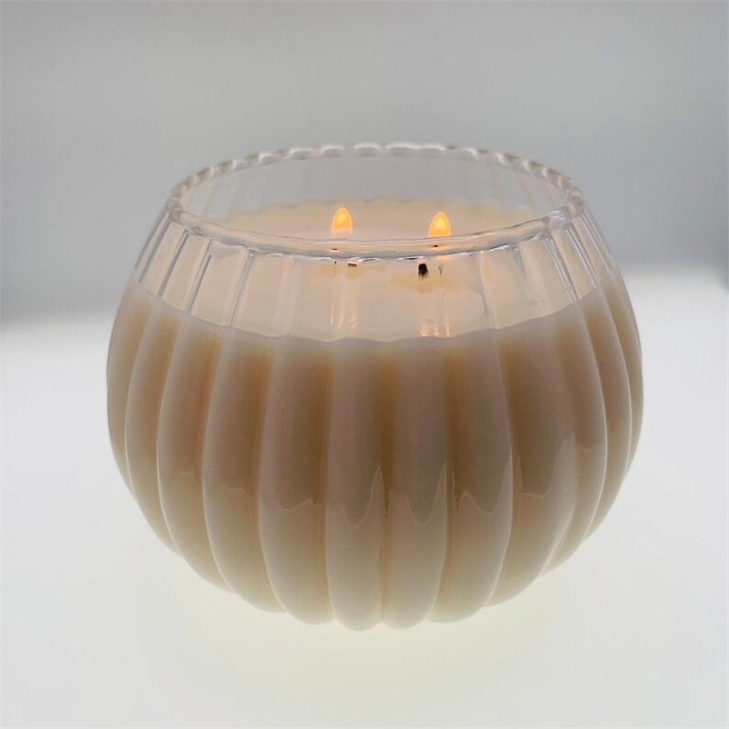 Customized Wholesale Clear Small Round Striped Glass Vase Tealight Holder pumpkin shaped candle jars