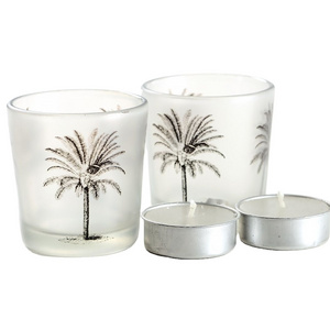 Candle Jar Empty Glass Wholesale Frosted Clear Print Palm Coconut Tree Pattern Candle Holder