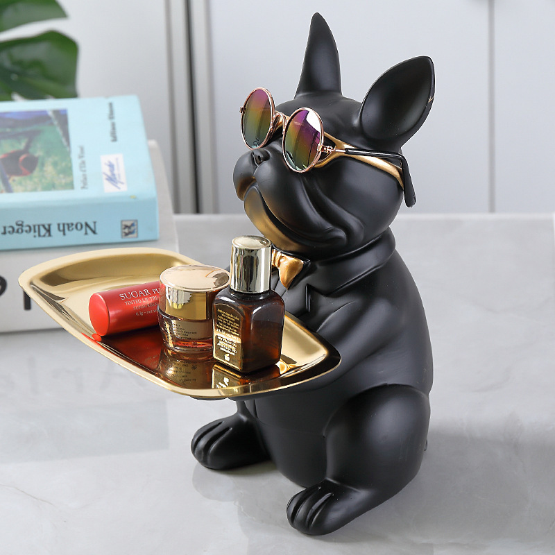 Cool Dog Animal Resin Crafts Home Nordic Table Decoration French Bulldog Statue With Tray for Home Decoration