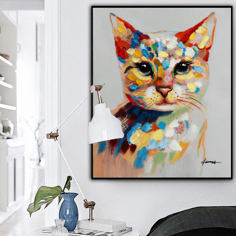 Modern Children Room Decoration Lovely Pet Cat Picture Art Hand-painted Abstract Oil Painting Animal Canvas Wall Art Pieces