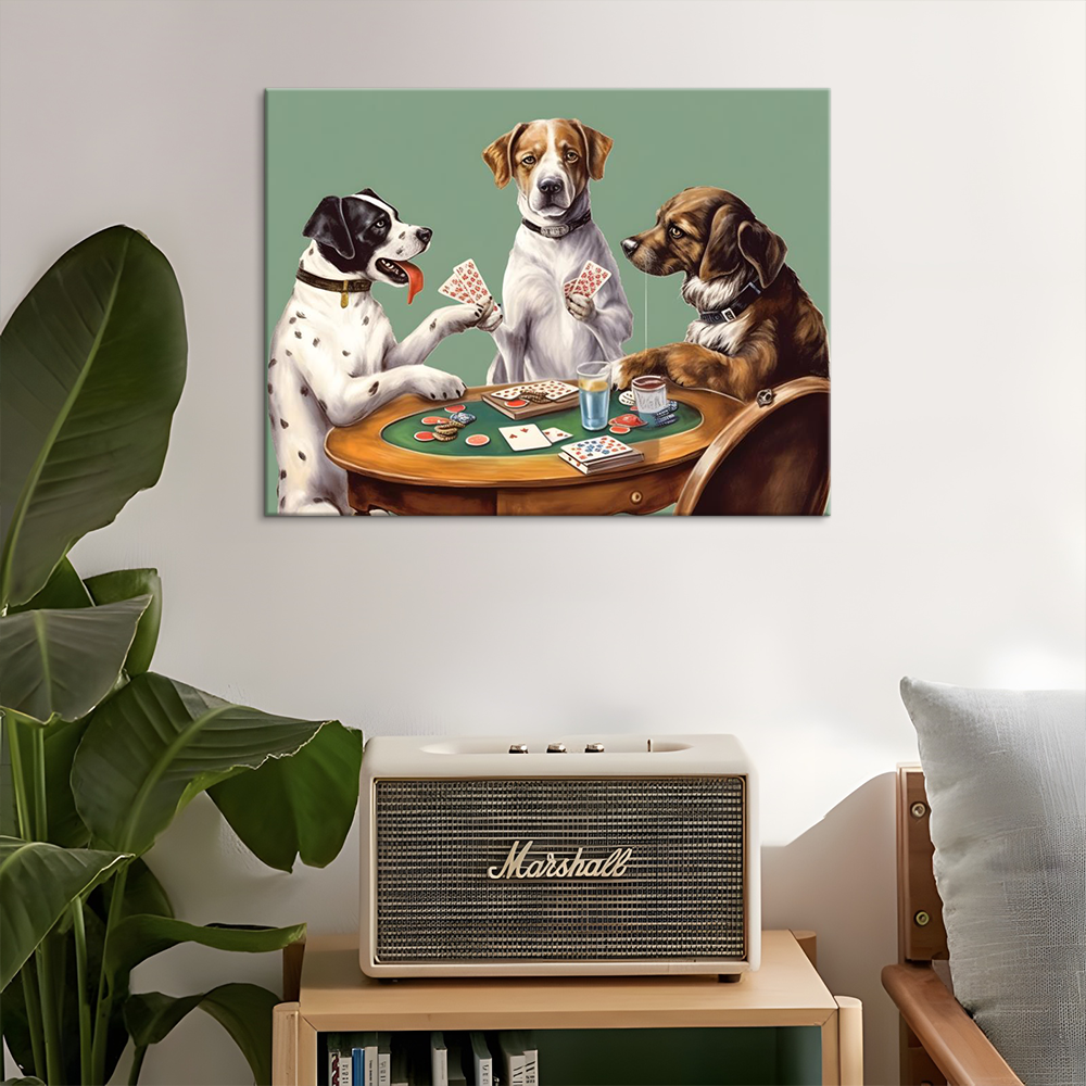 Modern cartoon animal three loyal dogs playing card HD painting canvas home decoration children's room dining room wall hanging