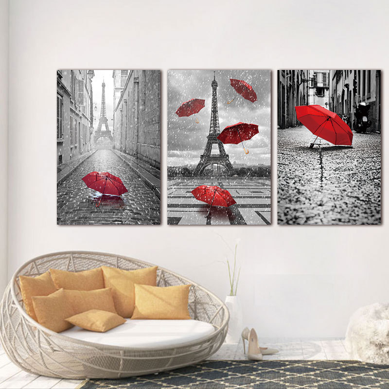 Canvas Painting decor for home wall Art Black and White Eiffel Tower with Red umbrella on Paris Street Romantic Picture