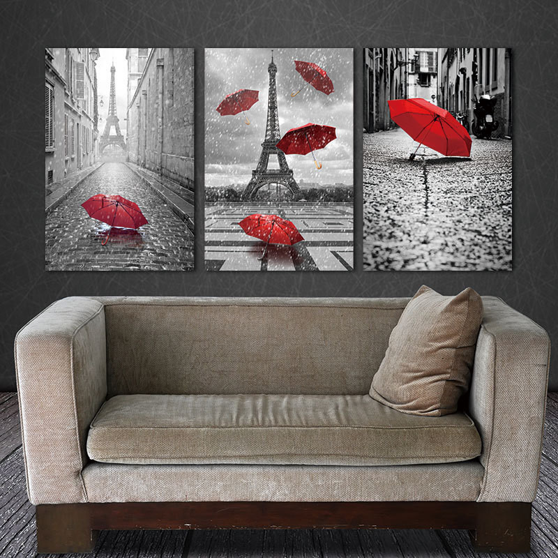 Canvas Painting decor for home wall Art Black and White Eiffel Tower with Red umbrella on Paris Street Romantic Picture