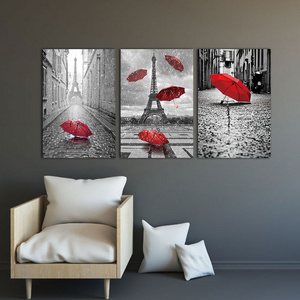 Canvas Painting decor for home wall Art Black and White Eiffel Tower with Red umbrella on Paris Street Romantic Picture