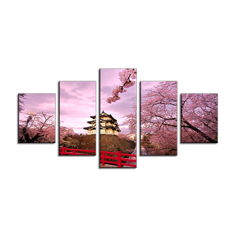 Japanese cherry blossoms and temple scenery painting canvas wall art large 5 panel cuadros acrylic spray prints home decor