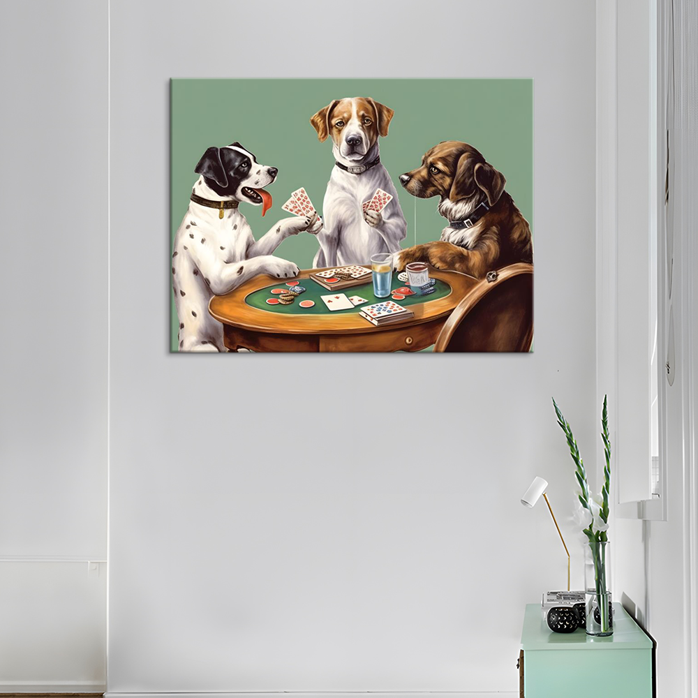 Modern cartoon animal three loyal dogs playing card HD painting canvas home decoration children's room dining room wall hanging