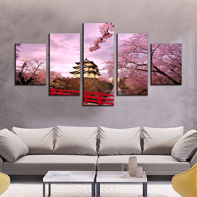 Japanese cherry blossoms and temple scenery painting canvas wall art large 5 panel cuadros acrylic spray prints home decor