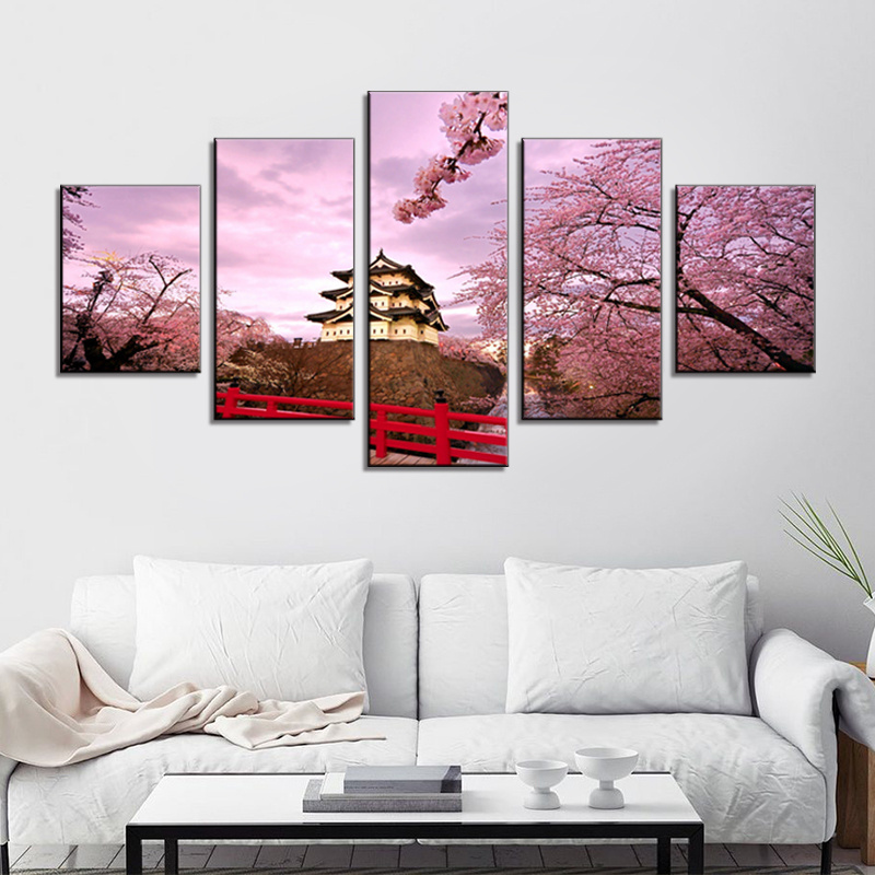 Japanese cherry blossoms and temple scenery painting canvas wall art large 5 panel cuadros acrylic spray prints home decor