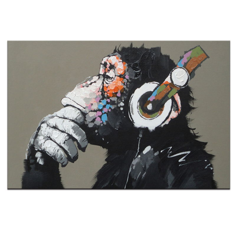 Large Animal Canvas painting 3D Wall Art Funny Thinking Monkey With Headphone Picture Kids Room Decor Cusdros