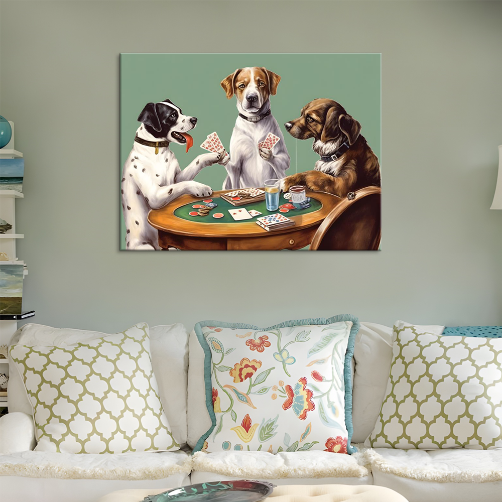 Modern cartoon animal three loyal dogs playing card HD painting canvas home decoration children's room dining room wall hanging