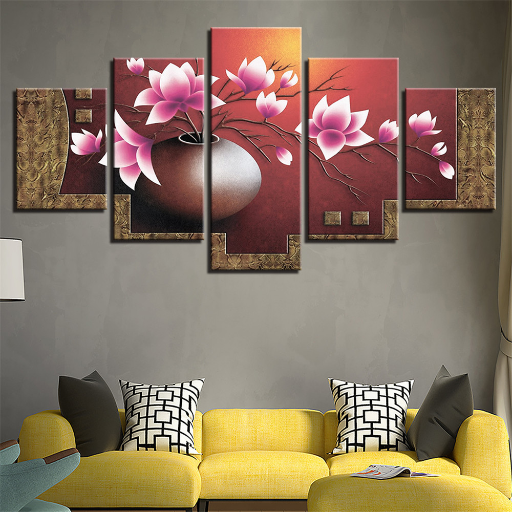 Canvas HD Prints Pictures 5 Pieces Magnolia 3D Flowers Vase Wall Art Painting Factory Wholesale for Living Room Wall Art Modern