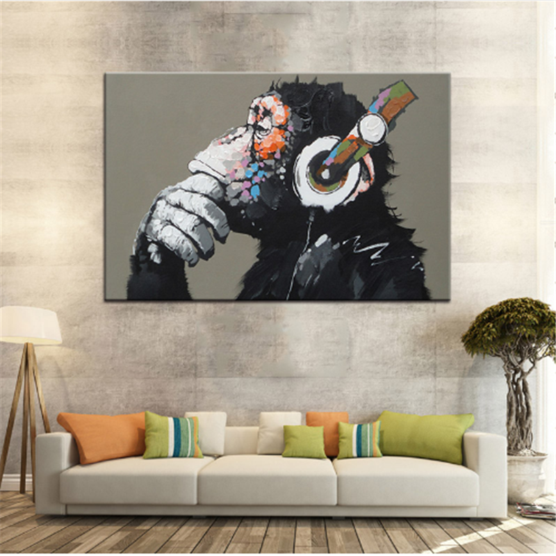 Large Animal Canvas painting 3D Wall Art Funny Thinking Monkey With Headphone Picture Kids Room Decor Cusdros