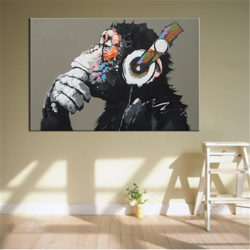 Large Animal Canvas painting 3D Wall Art Funny Thinking Monkey With Headphone Picture Kids Room Decor Cusdros