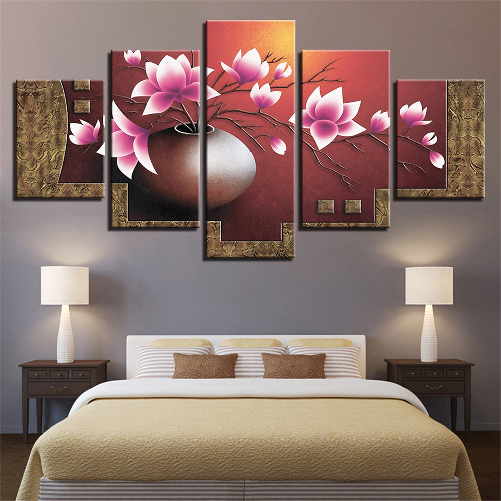 Canvas HD Prints Pictures 5 Pieces Magnolia 3D Flowers Vase Wall Art Painting Factory Wholesale for Living Room Wall Art Modern