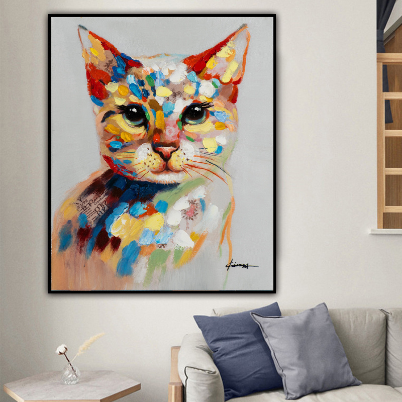 Modern Children Room Decoration Lovely Pet Cat Picture Art Hand-painted Abstract Oil Painting Animal Canvas Wall Art Pieces