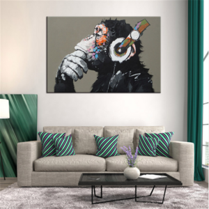 Large Animal Canvas painting 3D Wall Art Funny Thinking Monkey With Headphone Picture Kids Room Decor Cusdros