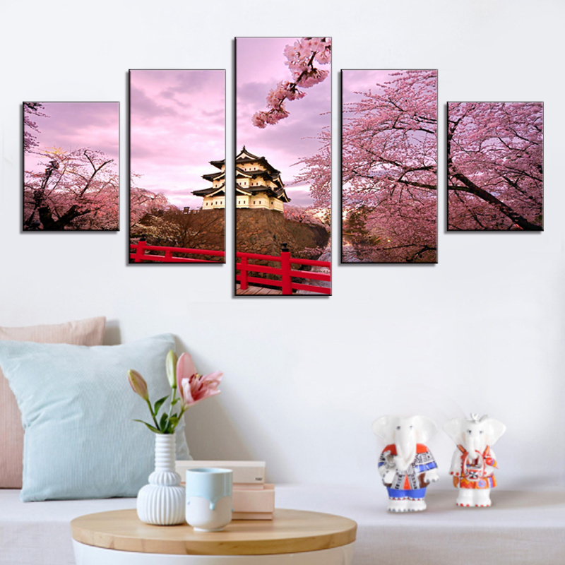 Japanese cherry blossoms and temple scenery painting canvas wall art large 5 panel cuadros acrylic spray prints home decor