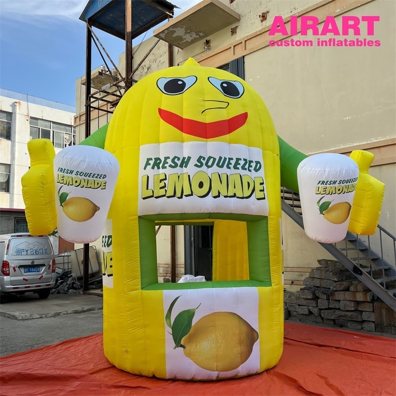 Customized size logo printed street sale inflatable lemonade juice booth cabin with cartoon style