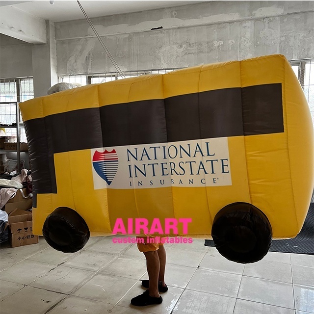 Portable printing logo activity decoration parade car suit, yellow inflatable bus costume balloon with complete accessories