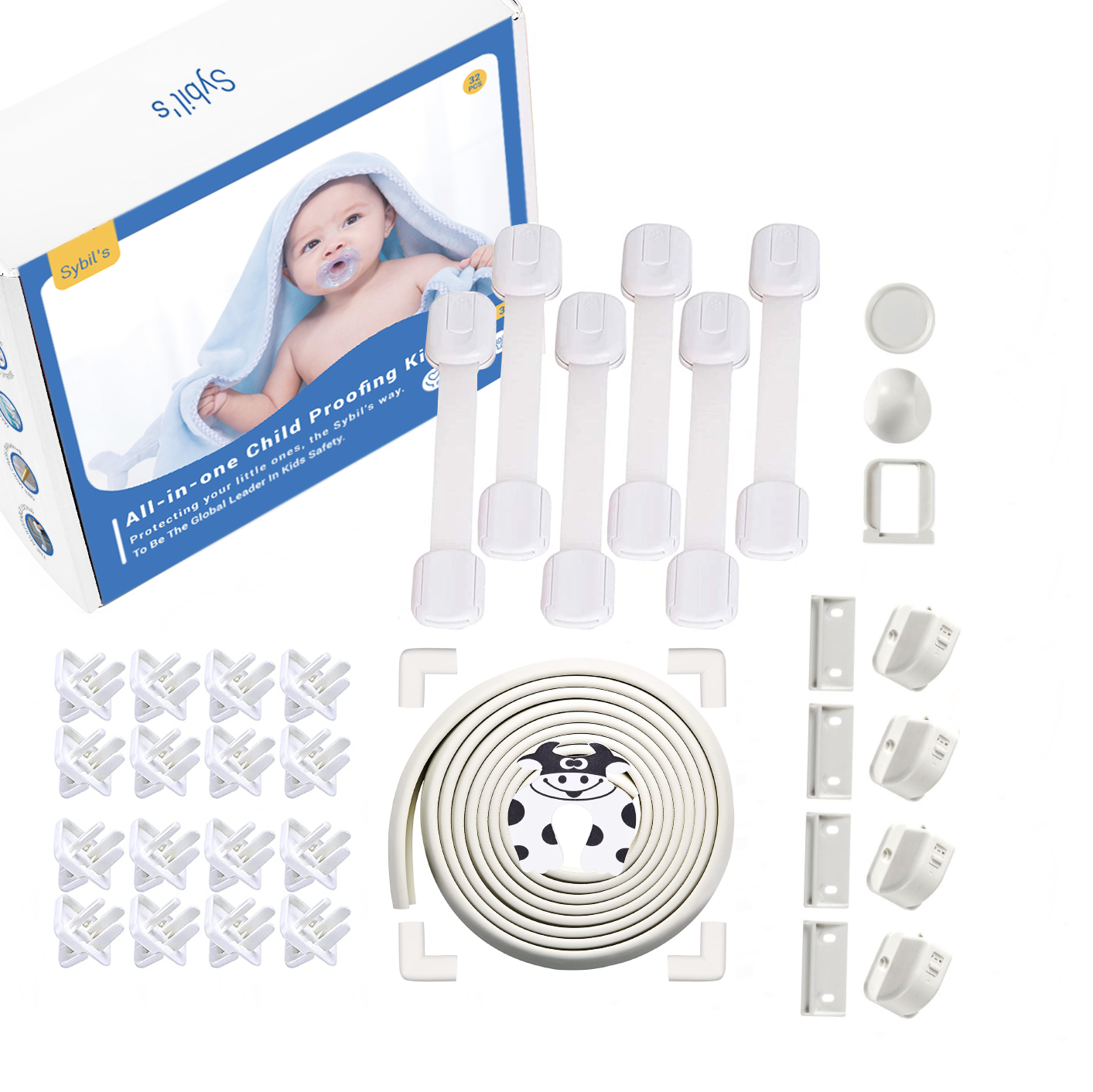 CPC Sybil's Baby Safety Set Child Safety Kit Baby Proofing Cupboard Locks Baby Safety Proofing Kit Door Stopper