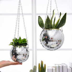 Hot Sale Garden Home Hanging Chains Flowerpot Disco Mirror Ball Planter Pot Self Watering Ball Plant Hanger Vase