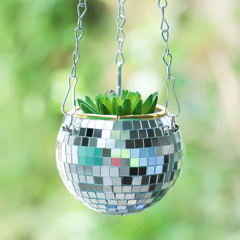 Hot Sale Garden Home Hanging Chains Flowerpot Disco Mirror Ball Planter Pot Self Watering Ball Plant Hanger Vase