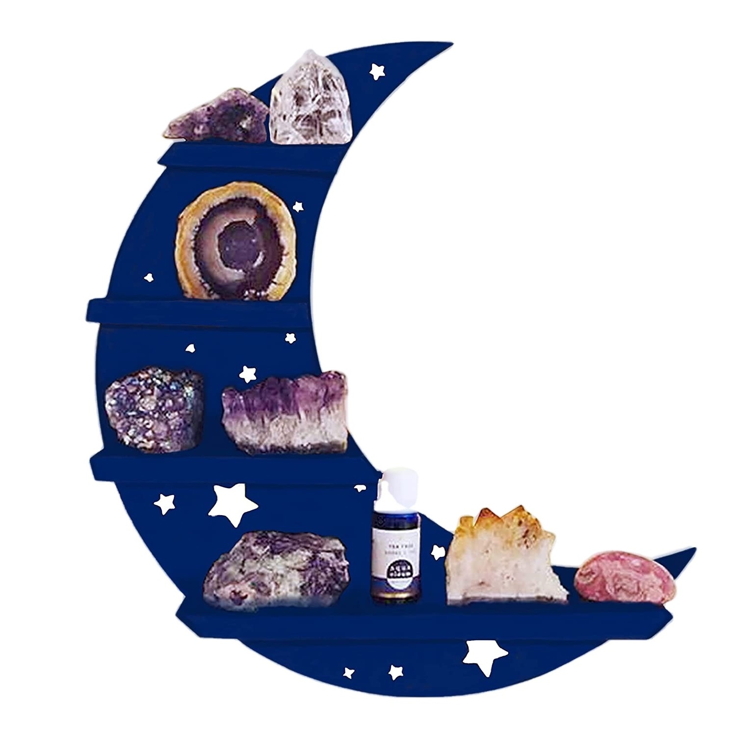 Blue Crescent Moon Shelf with LED Back Lights Stars Wall Decor for Crystals Stones Essential Oils Salon Beauty Products