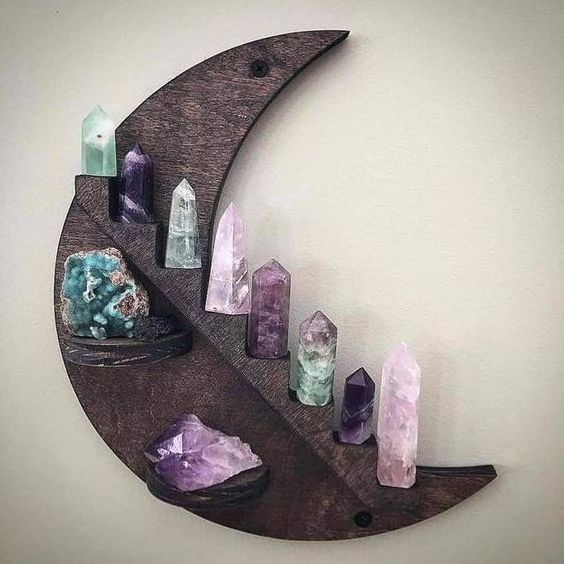 Wooden Moon Shelf with LED Lights Crescent Moon and Stars Decor for Crystals Solid Wood Floating Shelves Crystal Wall Decor