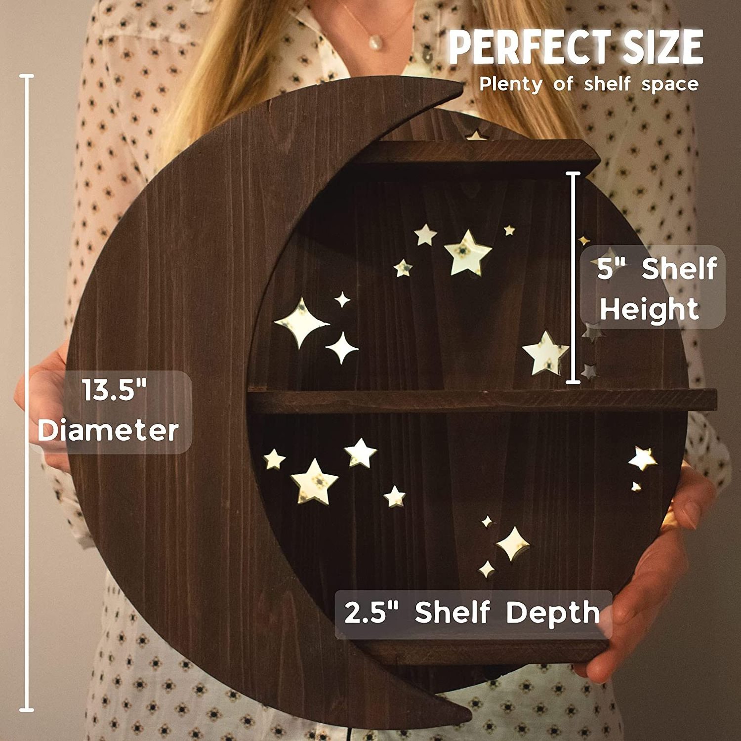 Wooden Moon Shelf with LED Lights Crescent Moon and Stars Decor for Crystals Solid Wood Floating Shelves Crystal Wall Decor