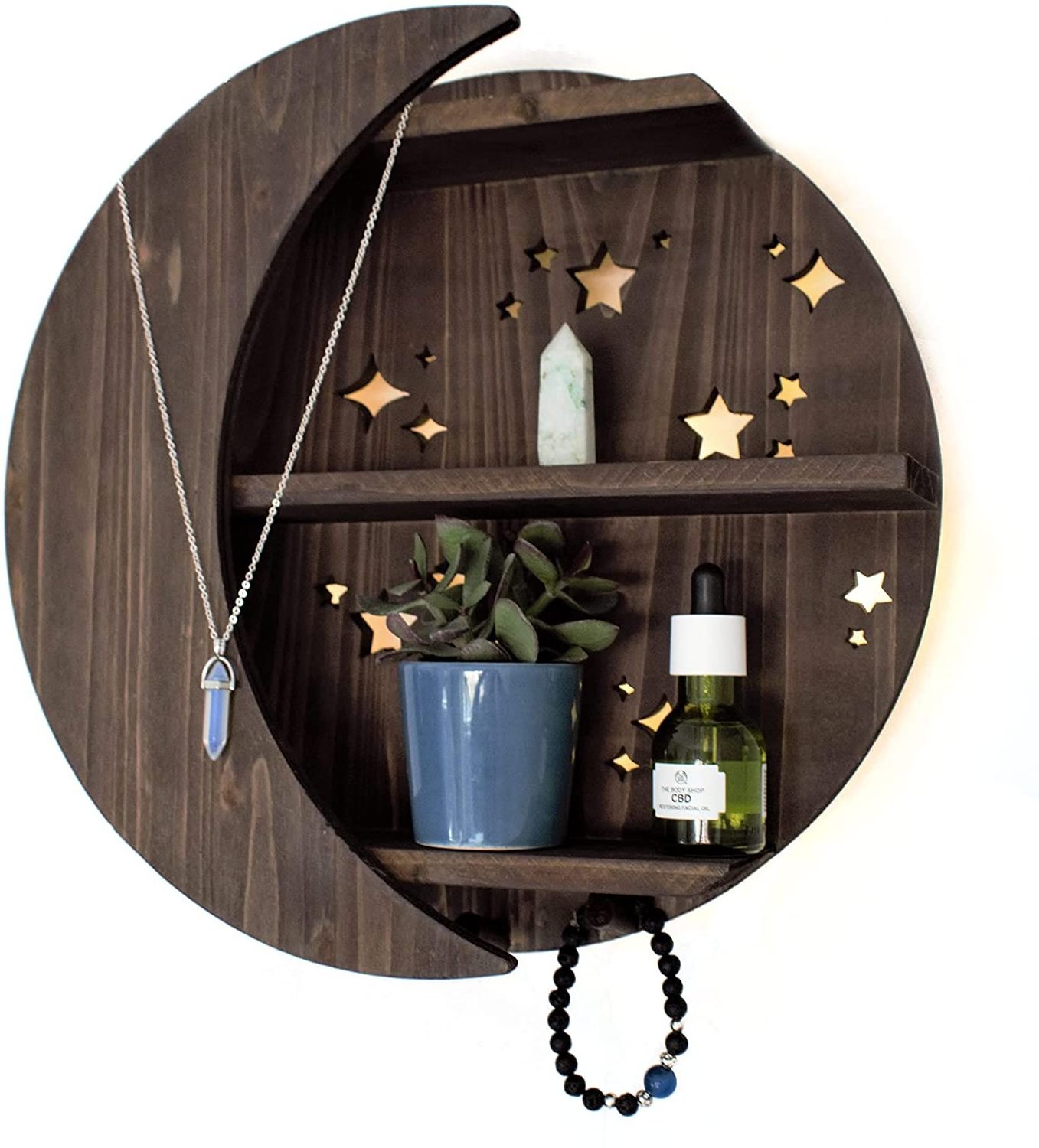 Wooden Moon Shelf with LED Lights Crescent Moon and Stars Decor for Crystals Solid Wood Floating Shelves Crystal Wall Decor