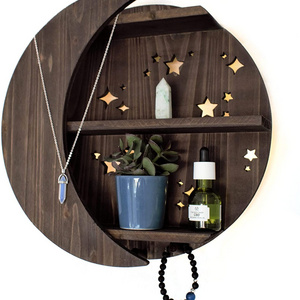 Wooden Moon Shelf with LED Lights Crescent Moon and Stars Decor for Crystals Solid Wood Floating Shelves Crystal Wall Decor