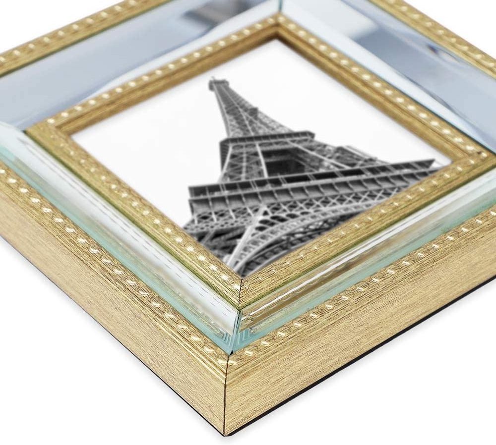 Gold Mirror Bead Picture Frame Classic Mirrored Frame With Dotted Border Made For Wall Display, Tabletop, Photo Gallery