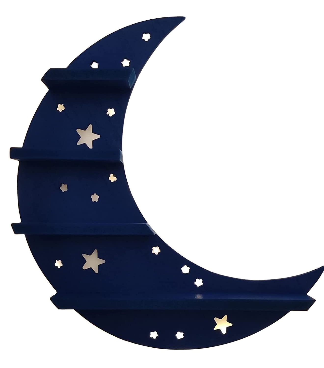 Blue Crescent Moon Shelf with LED Back Lights Stars Wall Decor for Crystals Stones Essential Oils Salon Beauty Products