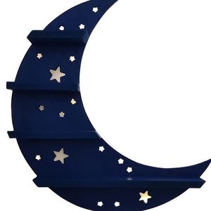 Blue Crescent Moon Shelf with LED Back Lights Stars Wall Decor for Crystals Stones Essential Oils Salon Beauty Products