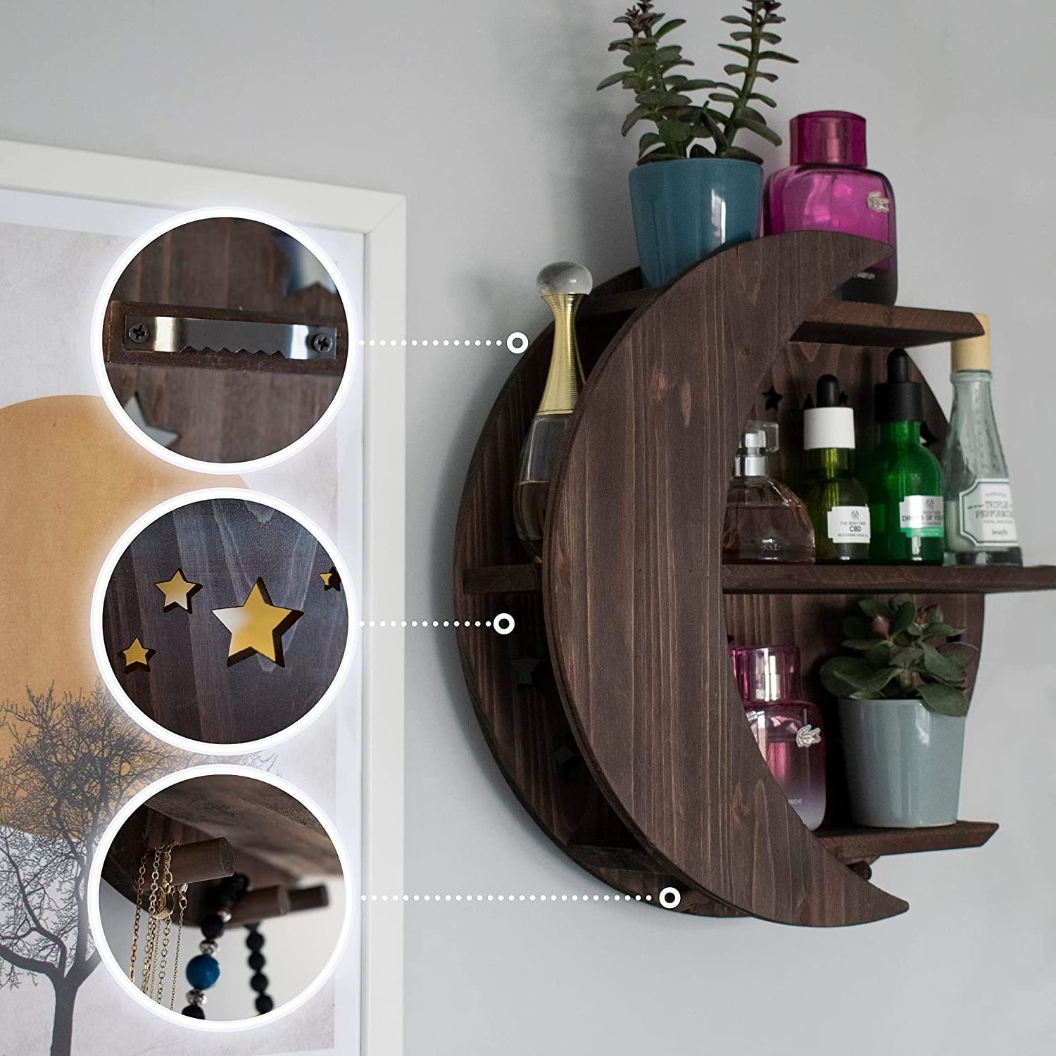 Wooden Moon Shelf with LED Lights Crescent Moon and Stars Decor for Crystals Solid Wood Floating Shelves Crystal Wall Decor