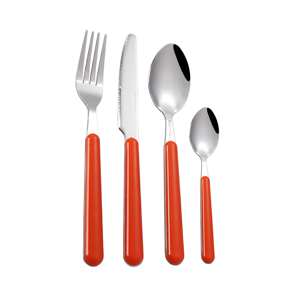 Hot Selling Plastic Handle Stainless Steel Flatware Set Knife Serve Fork Spoon Portable 24pcs Dinnerware Tableware Set With Rack