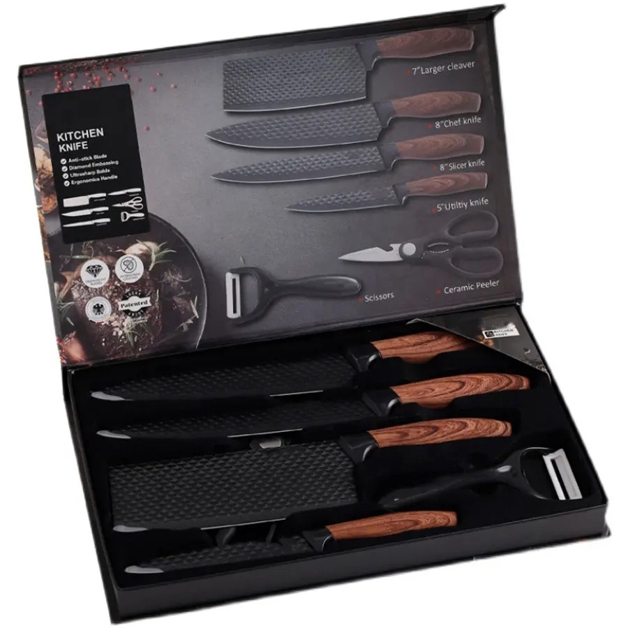 Japanese Kitchen Knives Stainless Steel Wood Grain Pattern Carving Chef Kitchen Knife Set