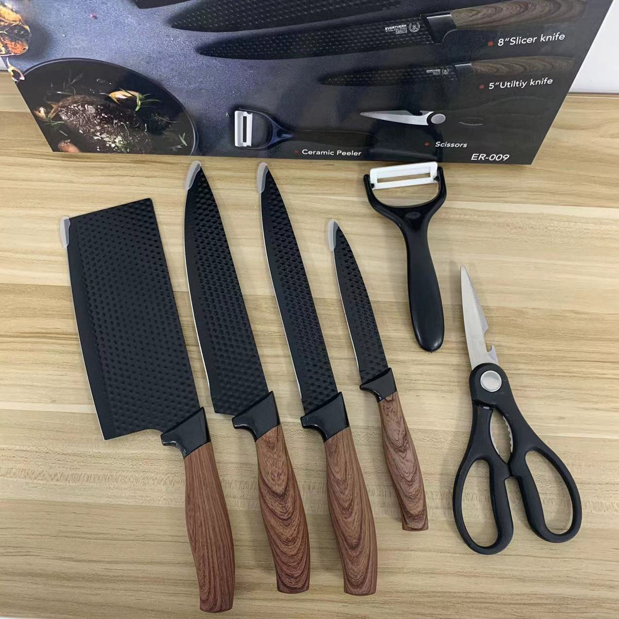 Japanese Kitchen Knives Stainless Steel Wood Grain Pattern Carving Chef Kitchen Knife Set