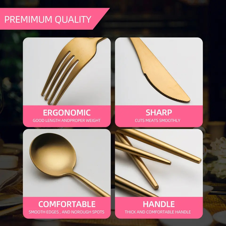 High Quality Portuguese Matte Polish Stainless Steel 4Pcs Gold Silverware Set Cutlery Portugal Cutlery For Wedding Events