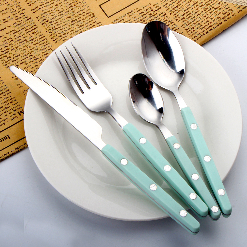 korean style kitchen utensil note design modern semi knife fork spoon acrylic plastic handle flatware cutlery set