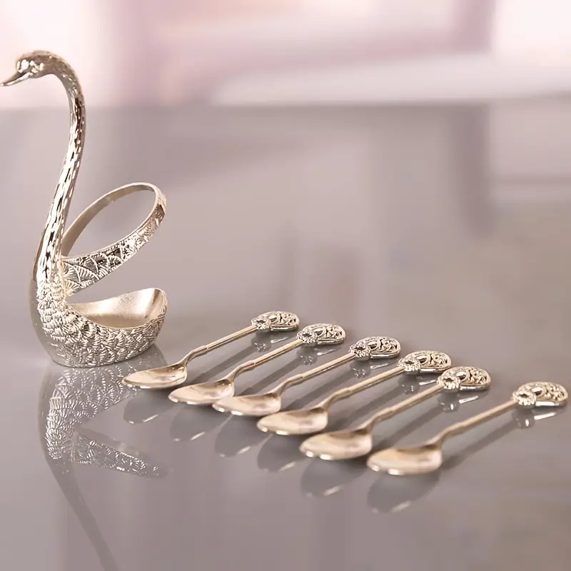 7pcs Stainless Steel Swan Base Holder Coffee Spoon Set for Dessert Fruit Tea