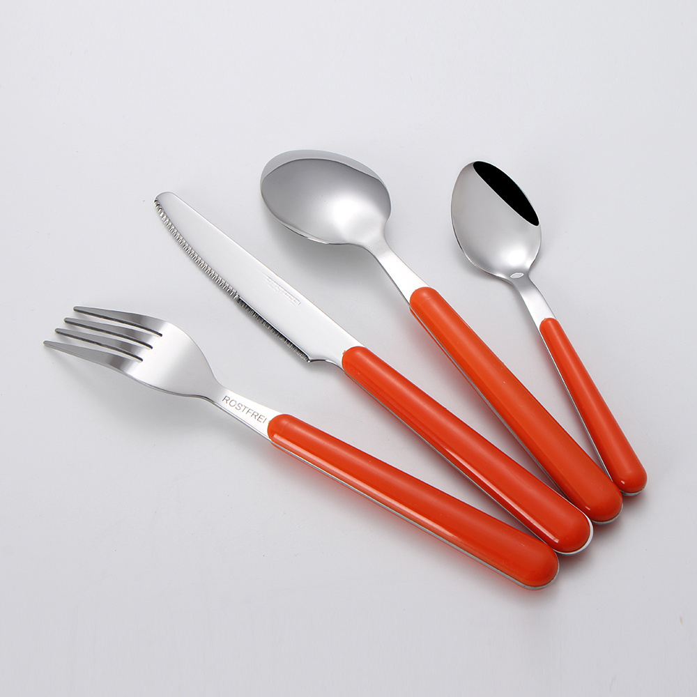 Hot Selling Plastic Handle Stainless Steel Flatware Set Knife Serve Fork Spoon Portable 24pcs Dinnerware Tableware Set With Rack