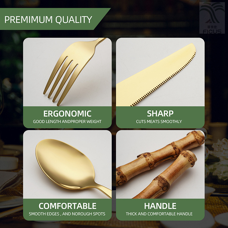 Cucharones colheres utensilios fourchettes bestek talheres inox  Gold Cutlery Bamboo Dinner Knife Fork Tea Spoon Flatware Sets