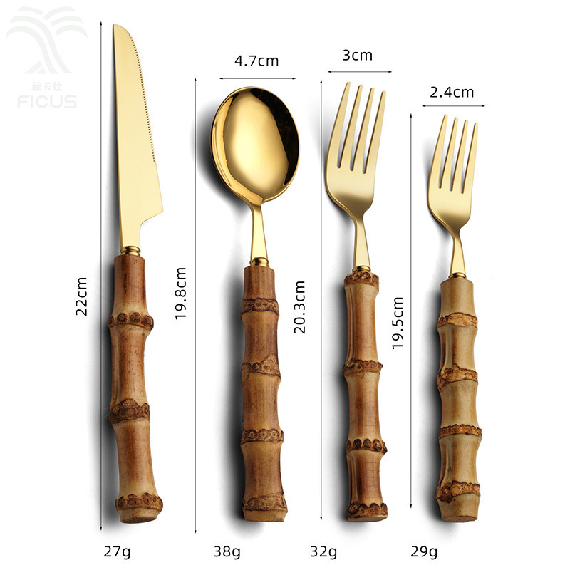 Cucharones colheres utensilios fourchettes bestek talheres inox  Gold Cutlery Bamboo Dinner Knife Fork Tea Spoon Flatware Sets